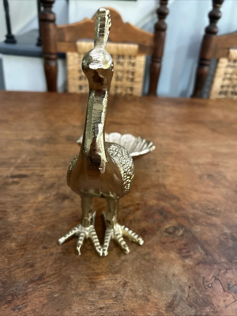Vintage Gold Brass Peacock Trinket Dish MCM Jewelry Holder, 10x8.5x5 Inches